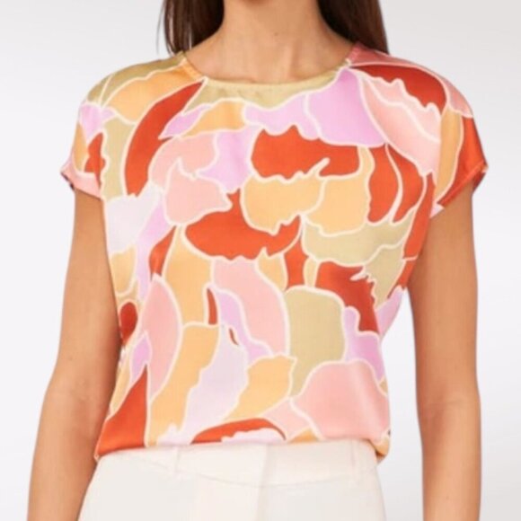 NWT Halogen Abstract Floral Print Cap Sleeve Blouse Pink Orange Lightweight XS - Picture 1 of 11